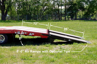 Air powered ramps are 84 inches long and are oak-covered.  
They feature a 15 degree incline for save and easy loading of machinery.  
Twelve inch aluminum extension is available to extend ramp length to 96 inches.